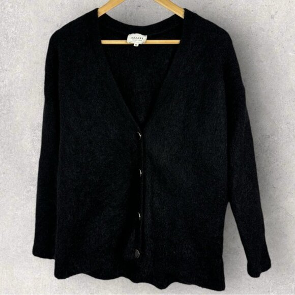 Sezane Black Charles Cardigan Knit Sweater Size Large Mohair V-Neck Merino Wool - Picture 2 of 14